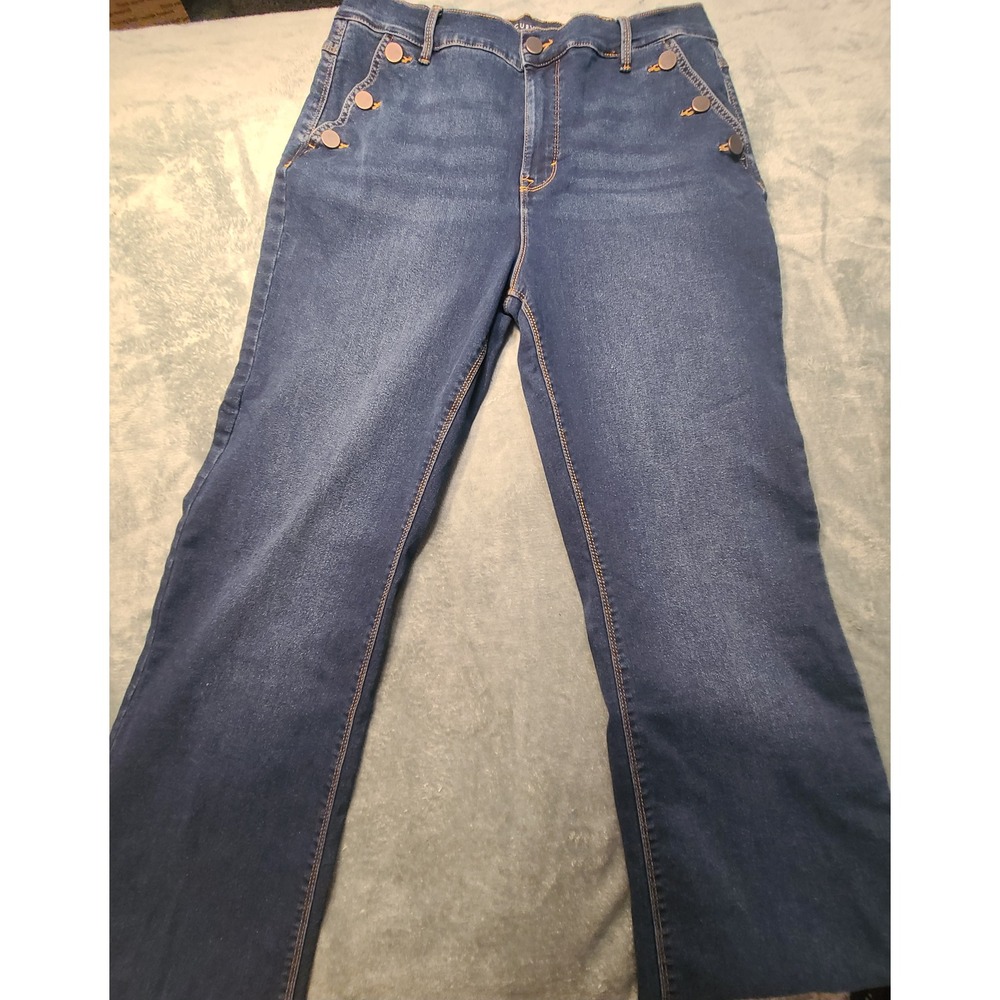 Curvy Girl Blue Sailor Flare Jeans High Waisted Button Detail Dark Wash Denim